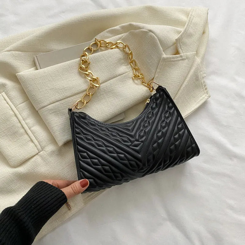 Brown pleated chain baguette shoulder underarm bag with adjustable strap and soft carry handle