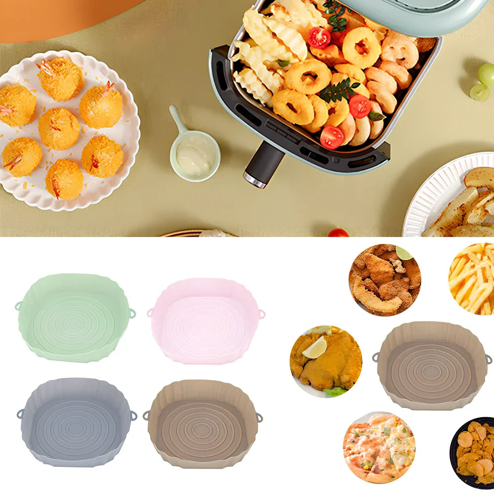 Silicone air fryer basket liner in light grey colour showing 4.5cm depth and flexible design for round air fryers