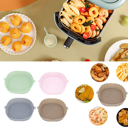 Silicone air fryer basket liner in light grey colour showing 4.5cm depth and flexible design for round air fryers