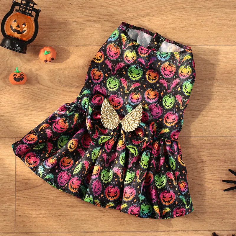 Angel wings Halloween dog costume in bright pumpkin or bat design, lightweight polyester fabric, sizes S to XL
