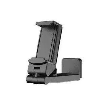 Black foldable rotating phone holder stand on a desk, showing universal phone compatibility and adjustable angles