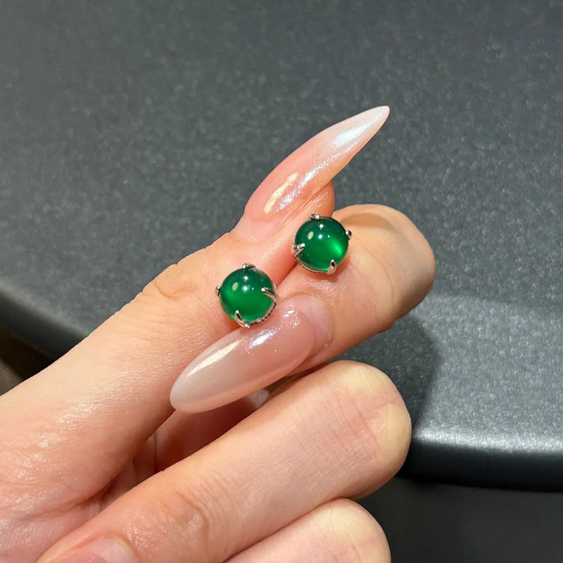 S925 Sterling Silver Green Chalcedony Stud Earrings with Platinum Electroplating, Geometric Round Shape, 925 Silver Purity, Elegant Style for Women