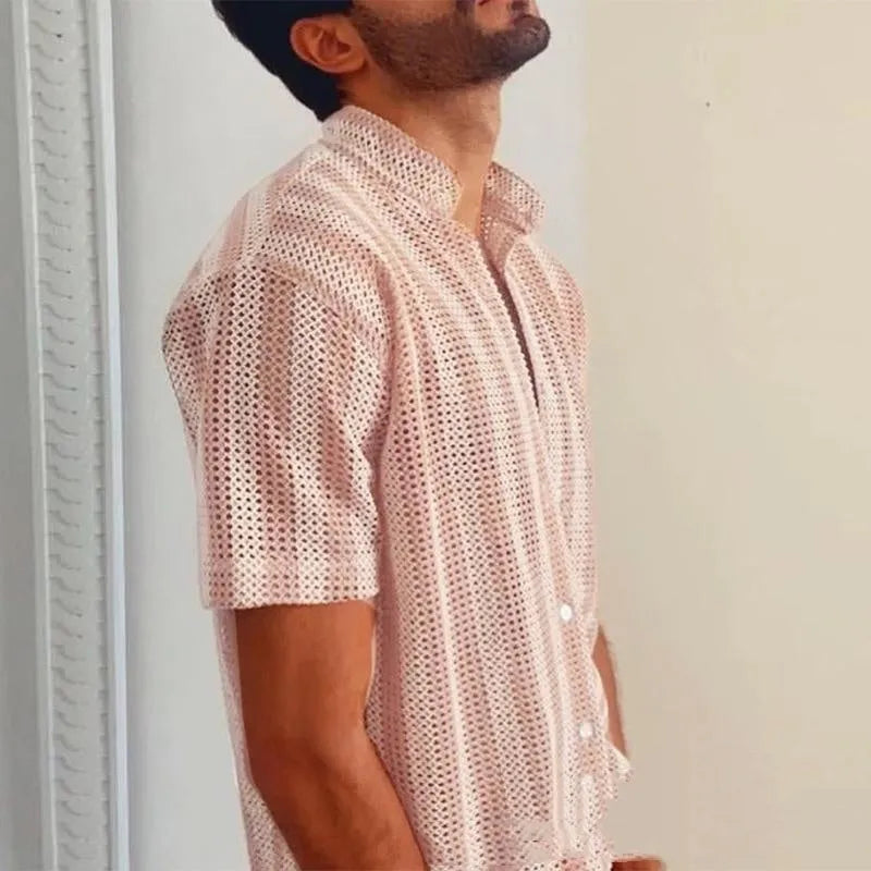 Men's summer loose fit waffle cool short-sleeved shirt cardigan in pink polyester chemical fibre blend casual leisure shirt available in sizes S M L XL XXL XXXL Asian sizing note loose version youth style shirt