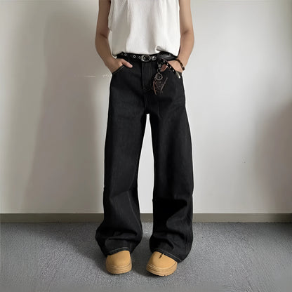 Black retro wide-leg jeans with straight leg cut and mid-waist design