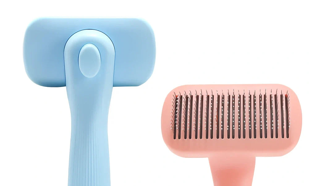 Blue plastic pet needle comb with closely spaced teeth for dog and cat grooming