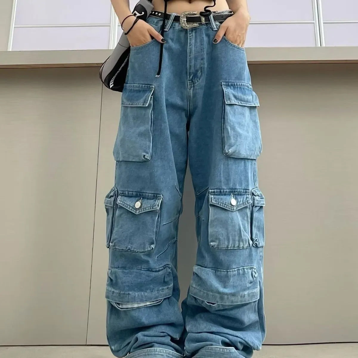 Women's high waist tie-dyed wide leg denim trousers with multiple pockets in street hipster style