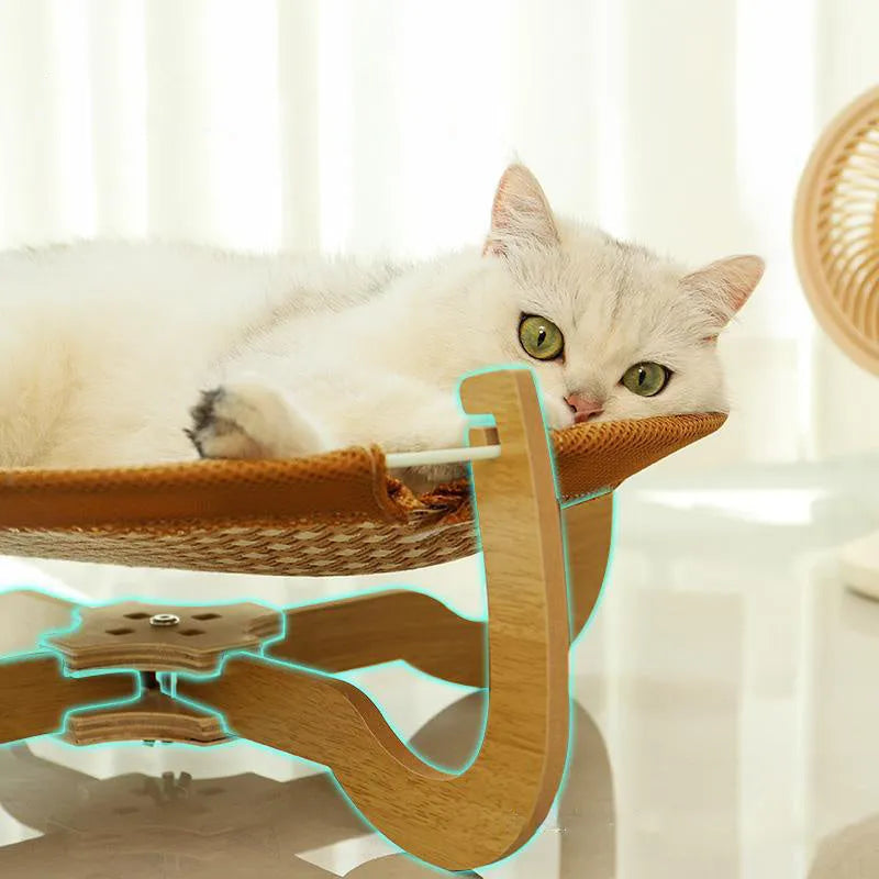 Brown square woven rattan pet hammock bed for cats and small dogs, shown off the ground.