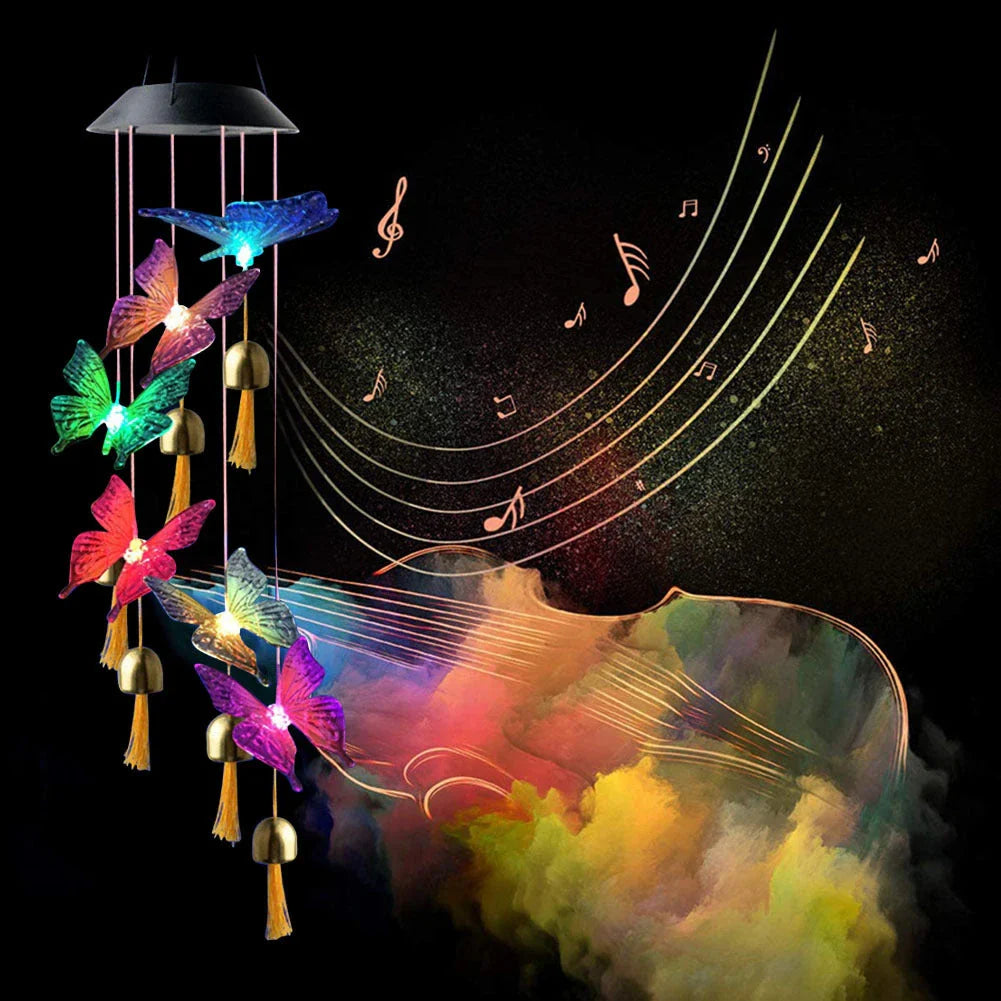 Vibrant solar-powered color changing wind chime with hummingbird and butterfly design for outdoor decor