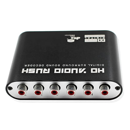 Compact black DTS Dolby Digital AC-3 audio decoder with optical and coaxial inputs for 5.1 channel surround sound conversion.