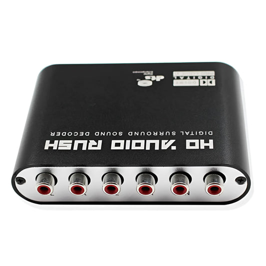 Compact black DTS Dolby Digital AC-3 audio decoder with optical and coaxial inputs for 5.1 channel surround sound conversion.