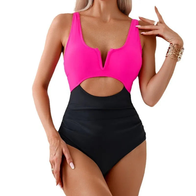 Women's one-piece swimsuit in a contrast colour design, available in black, brown, dark pink, and green.