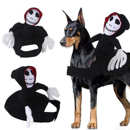 Pet wearing cartoon cowboy costume with knight-style design and matching hat, showing multiple colour options