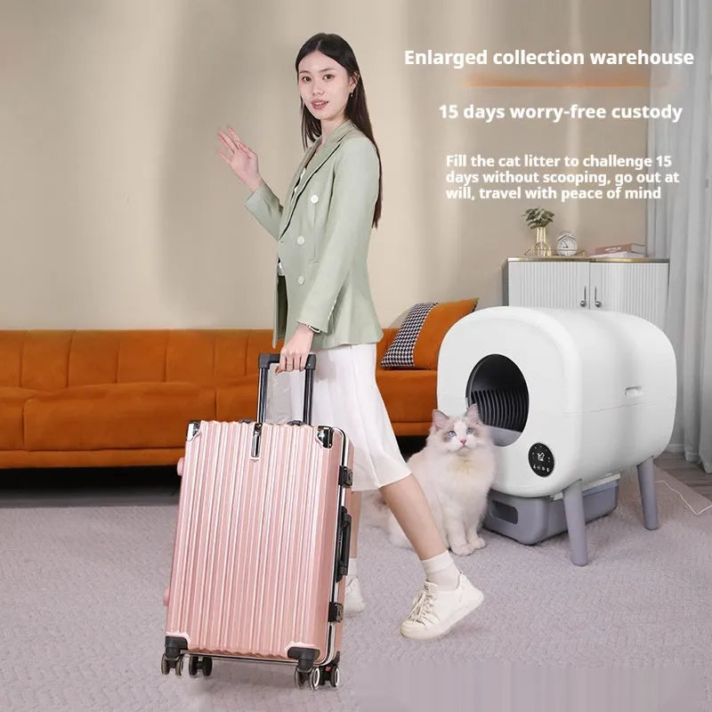 Automatic cat litter box with 76L capacity and 13L waste storage compartment, ABS plastic construction measuring 550x500x645mm