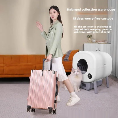 Automatic cat litter box with 76L capacity and 13L waste storage compartment, ABS plastic construction measuring 550x500x645mm