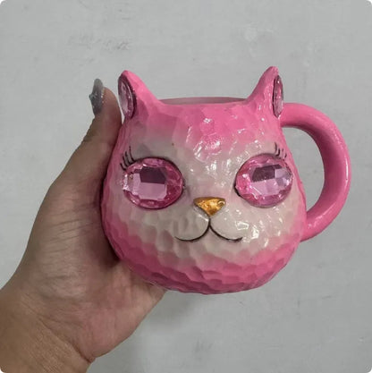 Crystal Earth Cat Cup resin crafts decorative item with cat motif in purple, green, blue, or pink colour