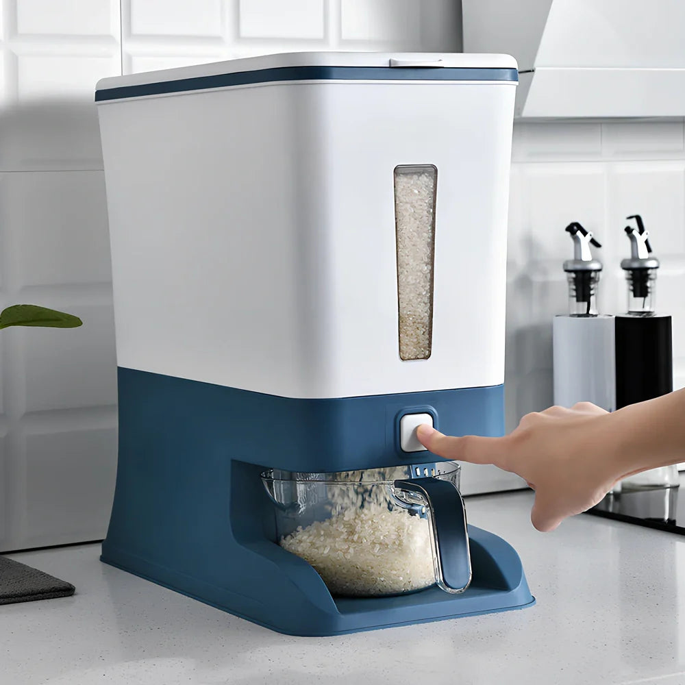 Automatic rice storage container with push-button dispenser and transparent viewing window