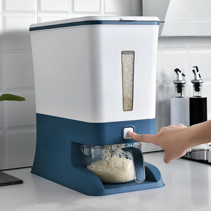 Automatic rice storage container with push-button dispenser and transparent viewing window