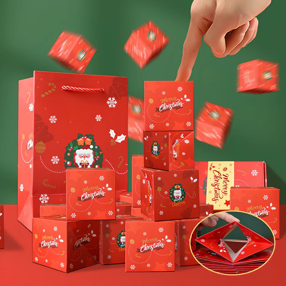 Christmas Eve Surprise Box showing bounce box compartments in cinnabar red with gift box and bag