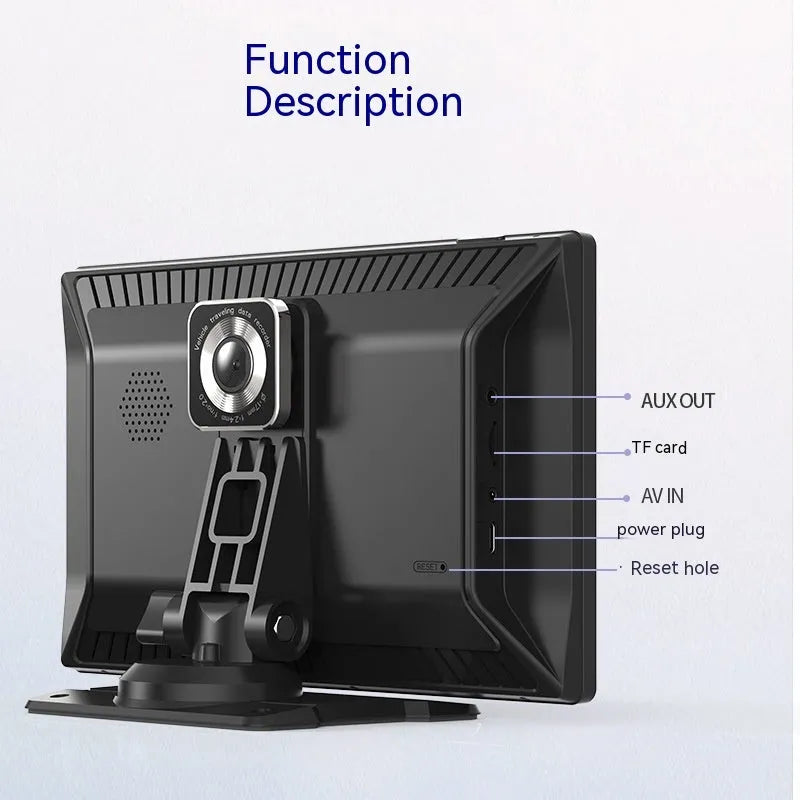 9-inch CarPlay driving recorder with touchscreen display showing dual-lens camera footage