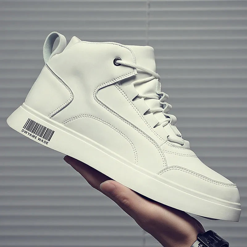 White mid-top sports board shoes for men with round toe, flat 1-3cm heel, and rubber sole