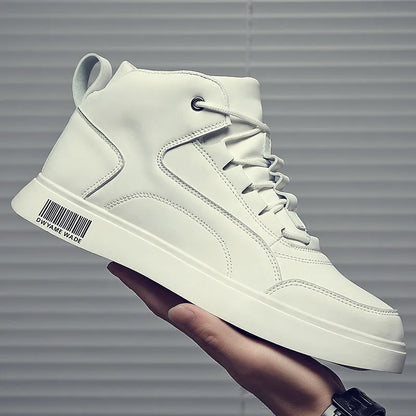 White mid-top sports board shoes for men with round toe, flat 1-3cm heel, and rubber sole