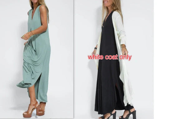 Women's V-neck sleeveless dress and long cardigan jacket set in solid colors