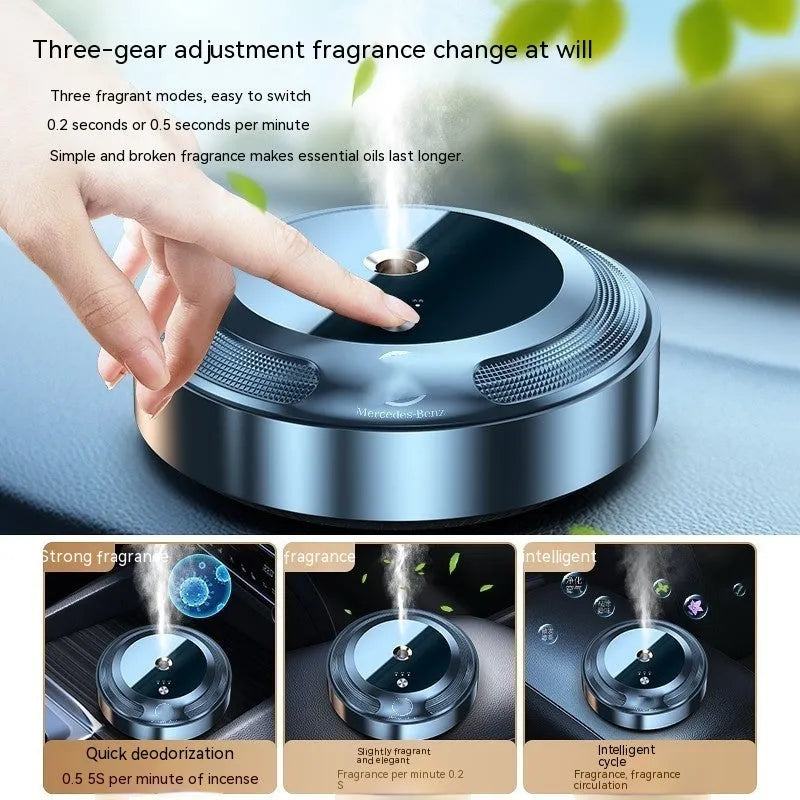 Car air freshener with automatic spray and zinc alloy shell on car dashboard