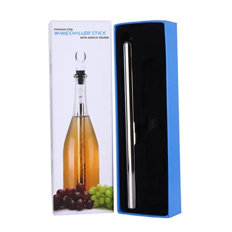 Stainless steel wine chilling rod with acrylic aerator pourer for cooling bottles from inside