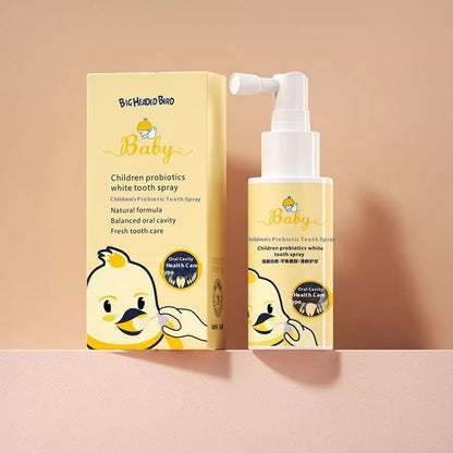 40ml bottle of children's probiotic oral spray for white teeth and cavity prevention in strawberry or orange flavour