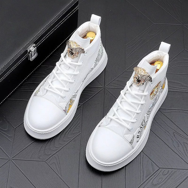 Men's high-top board shoes in black and white with breathable microfiber upper