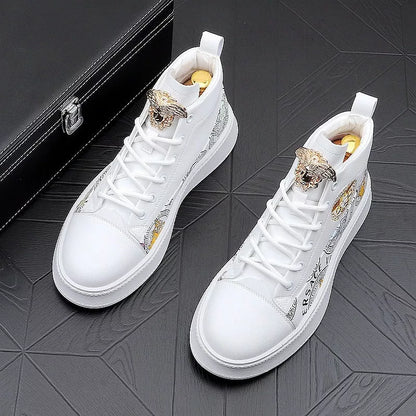 Men's high-top board shoes in black and white with breathable microfiber upper