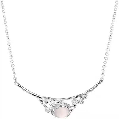 White gold colour copper necklace with moonlight white chalcedony inlay, cross chain, and moon shadow cold plum design