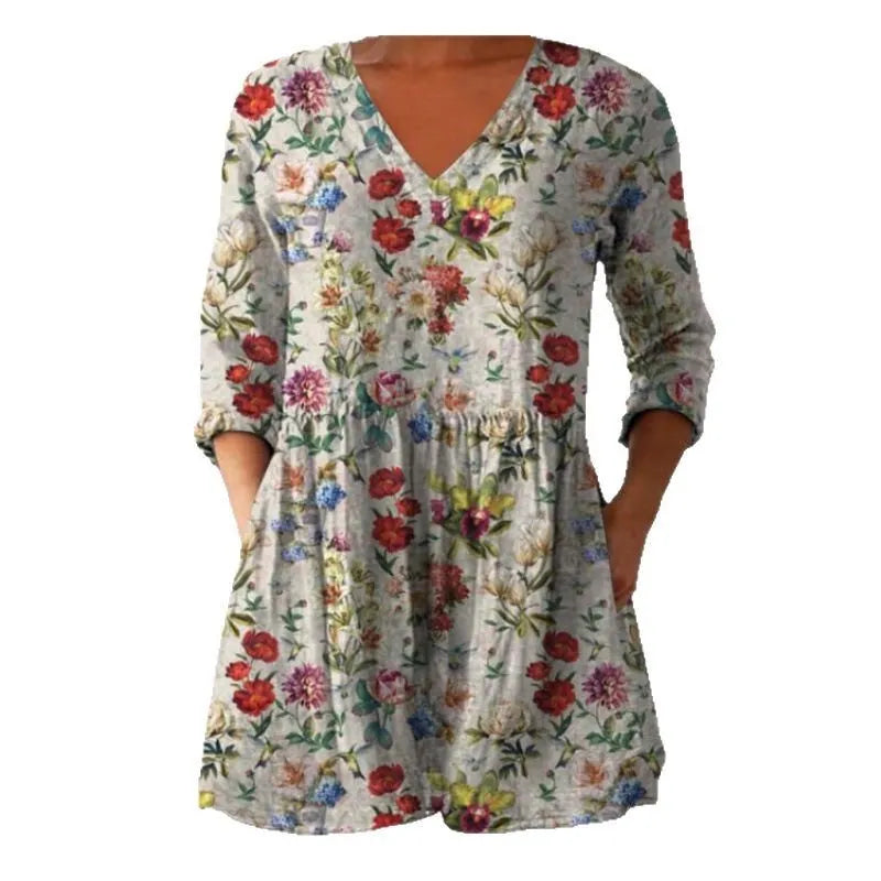 Women's printed wave loose dress with wide waist design and 3/4 sleeves in one of seven style options