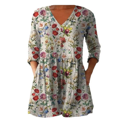 Women's printed wave loose dress with wide waist design and 3/4 sleeves in one of seven style options