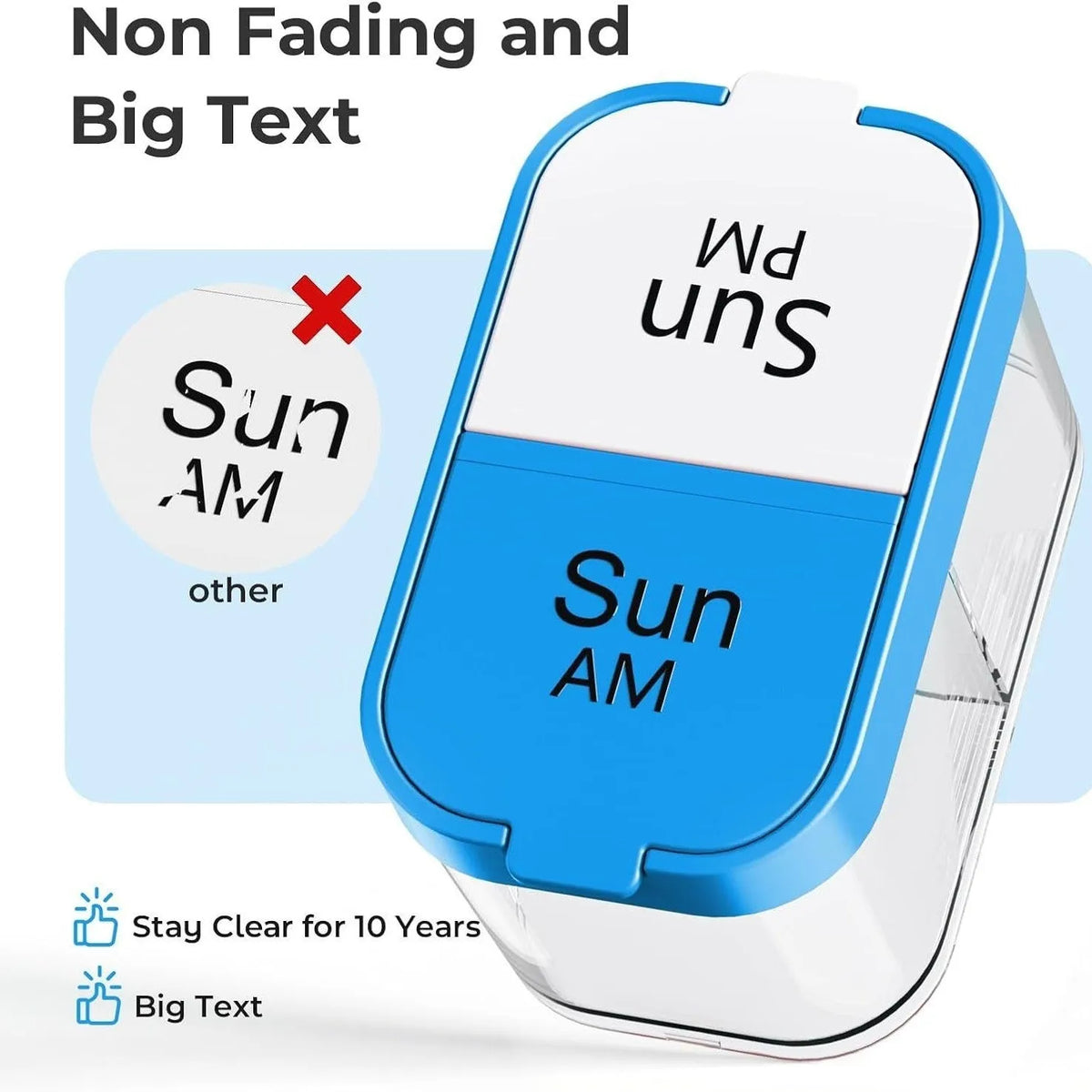 White and rainbow PP plastic pill box with 14 removable grids, showing 327mm length and detached compartments
