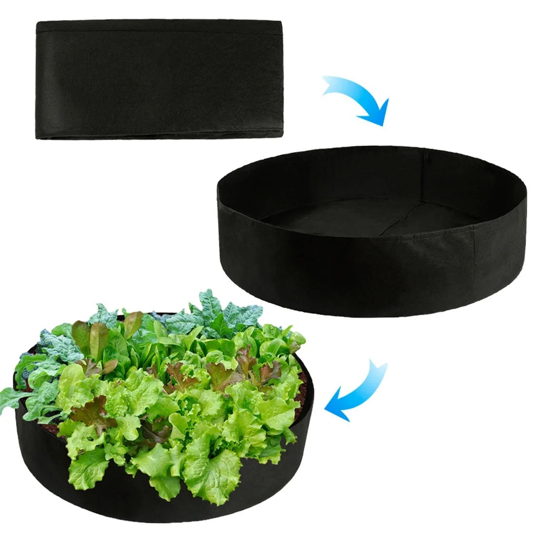 Round fabric grow bags for plants with water-retaining felt material in black and green