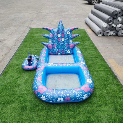 Yellow pineapple-shaped inflatable pool float with drink holder and ergonomic headrest design