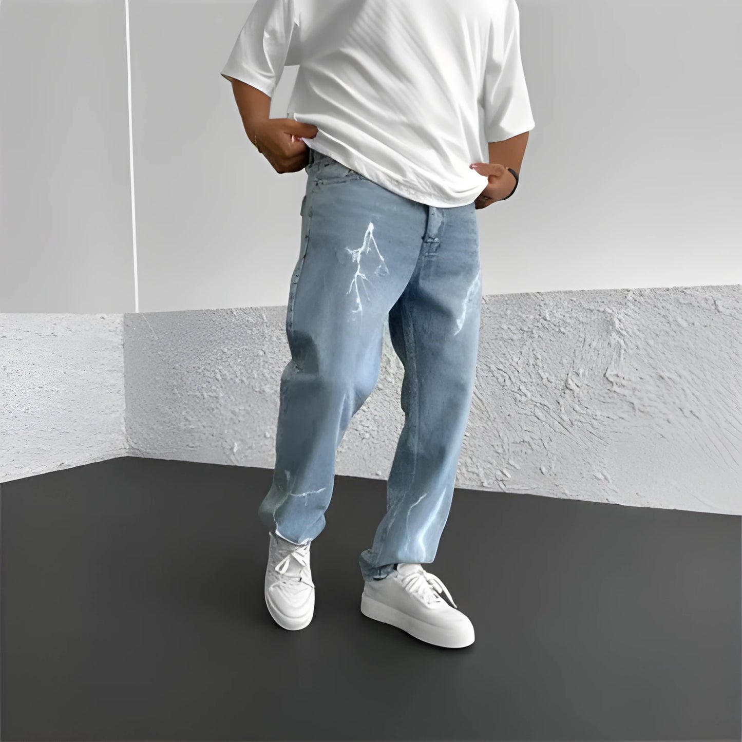 Men's blue straight-leg denim trousers with mid-waist design and zipper fly closure