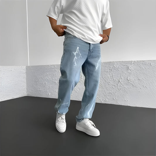 Men's blue straight-leg denim trousers with mid-waist design and zipper fly closure