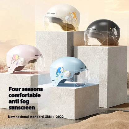 Khaki electric motorcycle half helmet with integrated glasses showing ABS construction and free size fit
