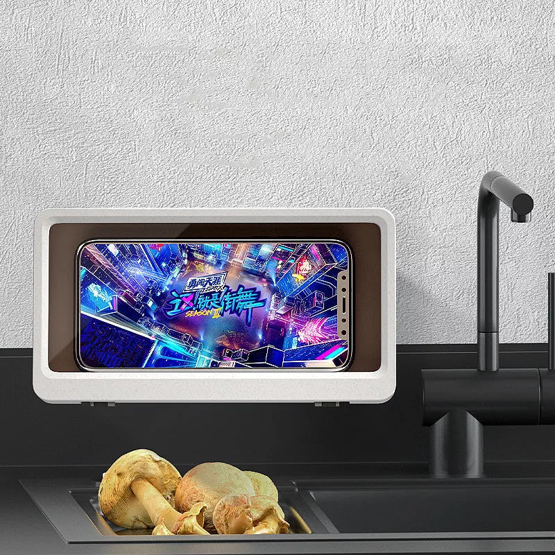 Waterproof wall-mounted phone stand in white and blue, no drilling required