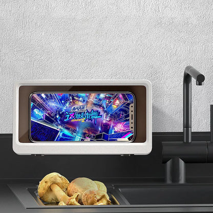 Waterproof wall-mounted phone stand in white and blue, no drilling required