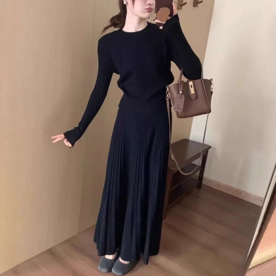 Dark grey knitted dress suit with 3D pattern, artistic retro style, sweater and skirt set