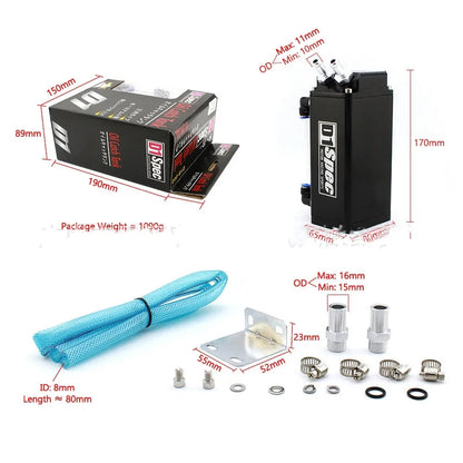 Car engine oil catch tank in metallic finish showing round and square model options