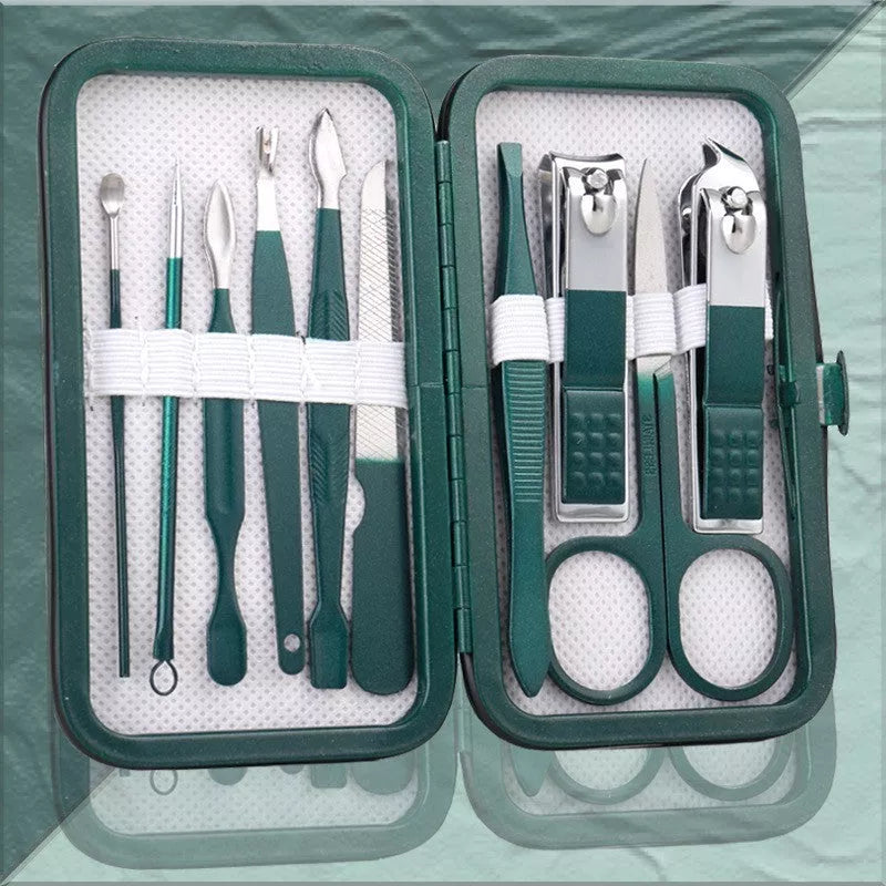 Professional stainless steel manicure set with emerald green case