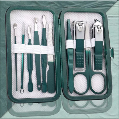 Professional stainless steel manicure set with emerald green case