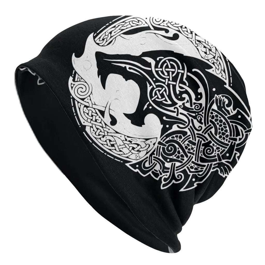A black cotton hat with a white Viking wolf graphic and an elasticated sleeve cap construction.
