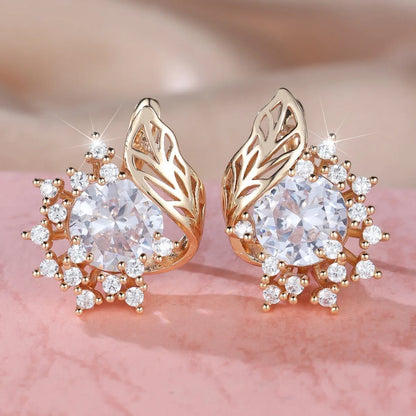 Round flower and feather design earrings in champagne gold with a choice of coloured zircon stones.