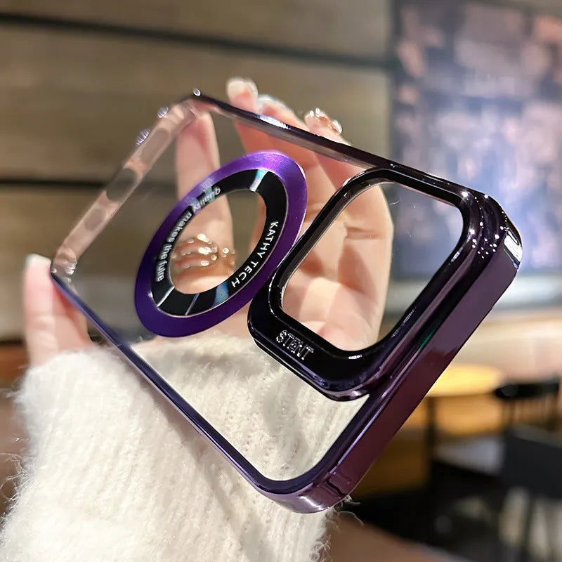 Magnetic electroplated mobile phone case for iPhone in dark purple with exposed leak-proof label detail