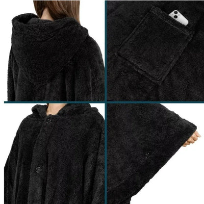 Thick hooded cloak bathrobe in polyester available in black, dark grey and pink colours